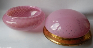 Pair of Flush spun brass ceiling fittings with bubble pink glass lamps no.35