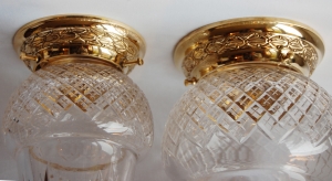 Flush large Acorn cut glass shade with ornate ceiling fitting in polish brass