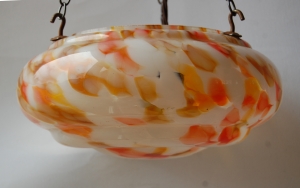 End of day glass hanging bowl lamp with antique finish fitting no.39